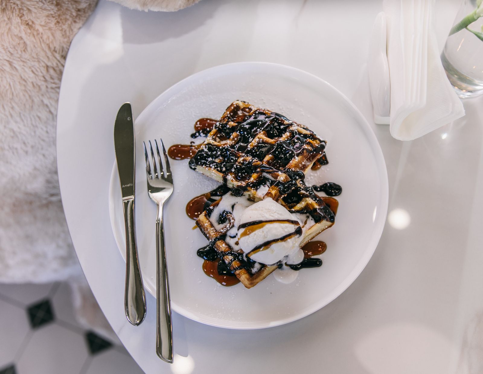 Belgian waffle with ice cream