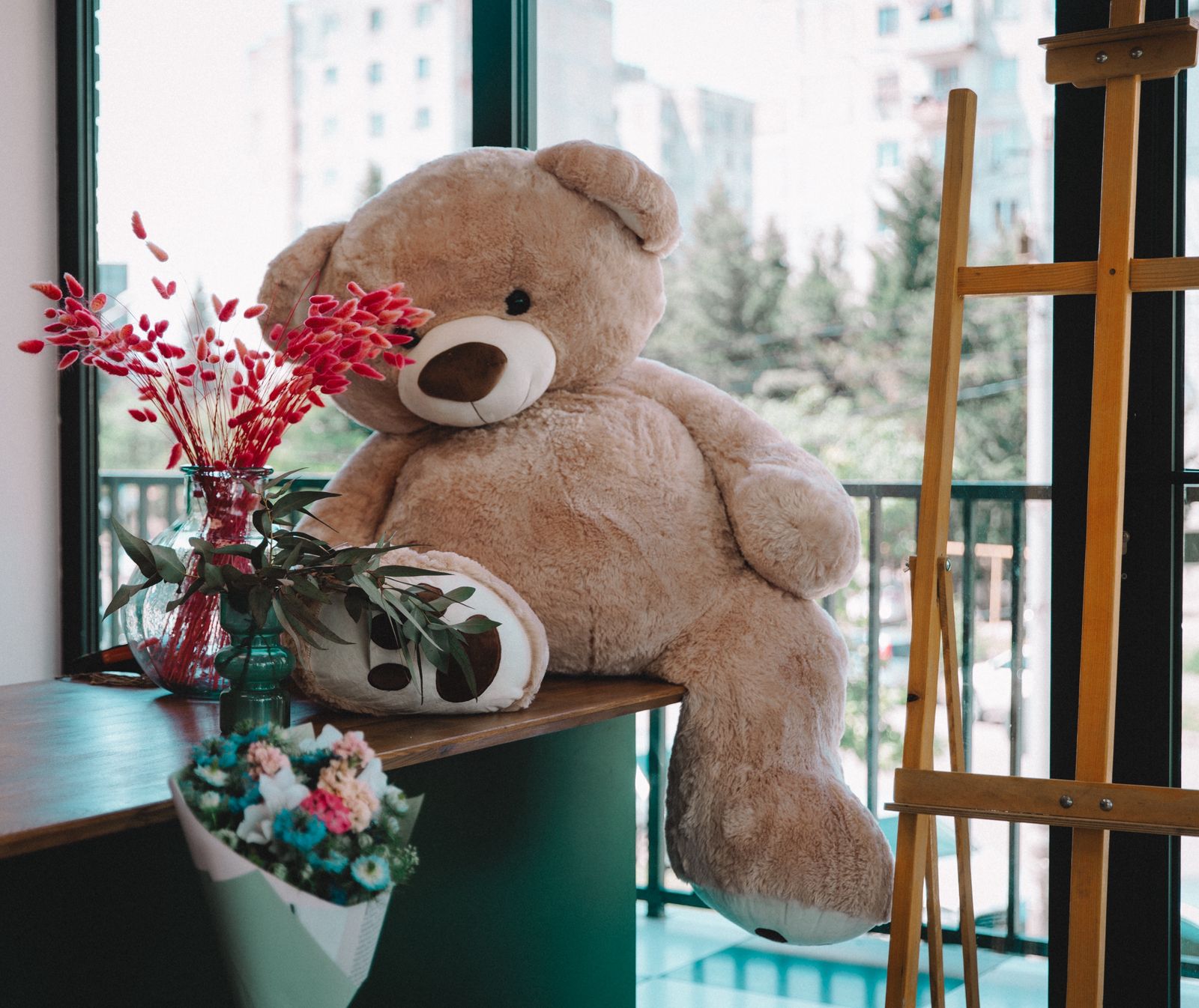 Cafe interior with teddy bear